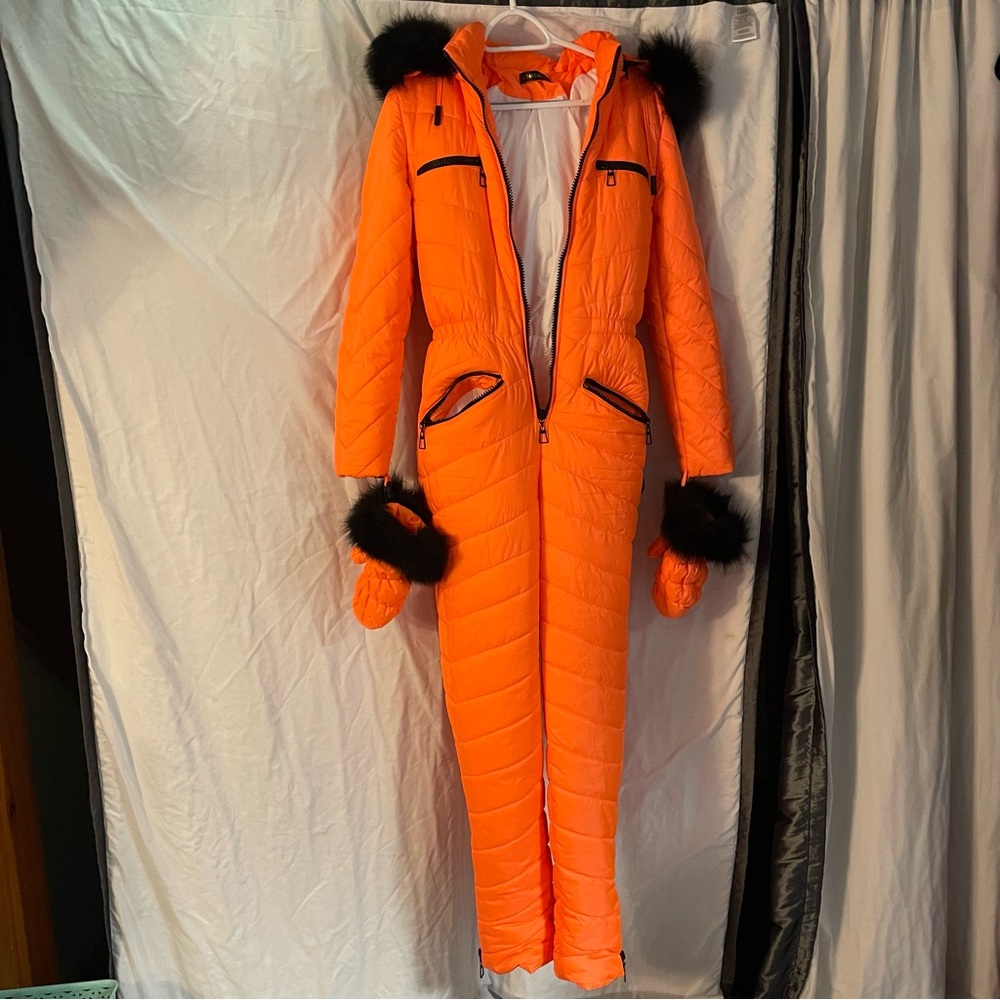 Bright Orange Snowsuit with Black Fur Trim